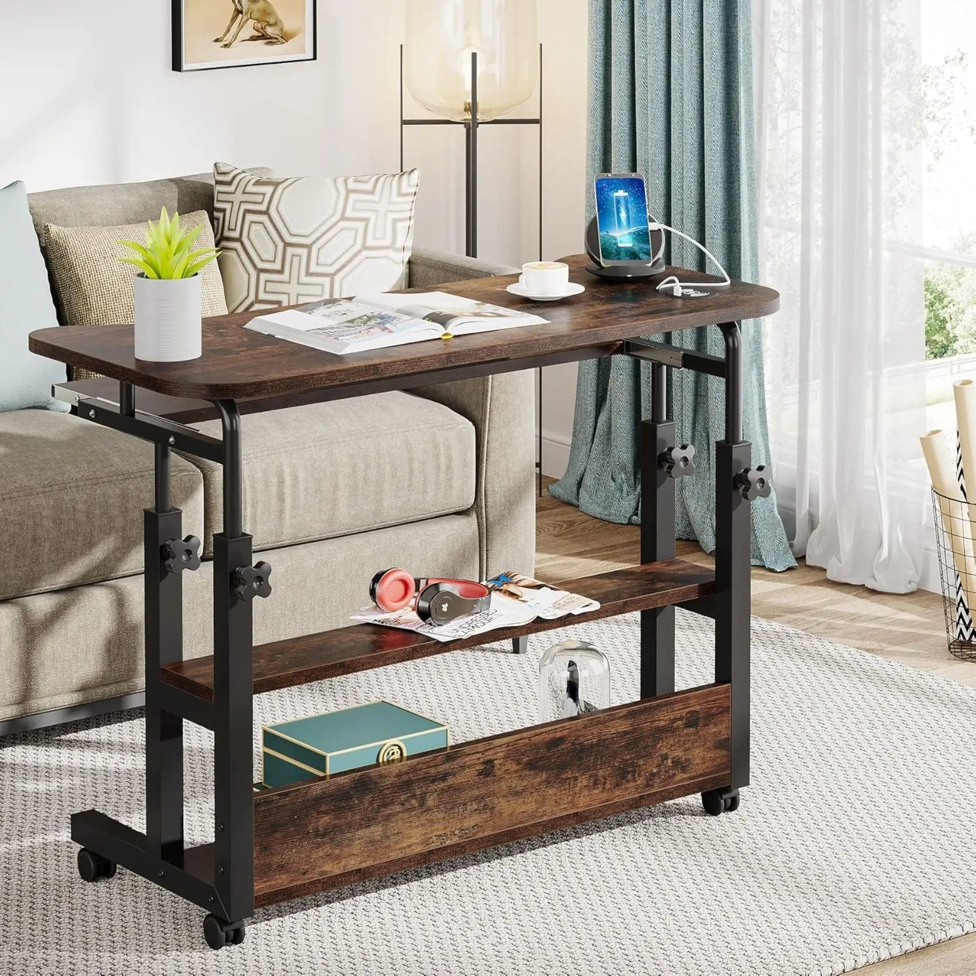 Portable Adjustable Desk With Power Outlets, USB Charging Ports, And Sliding Keyboard Tray - Brown / Black by HouseOfZazla