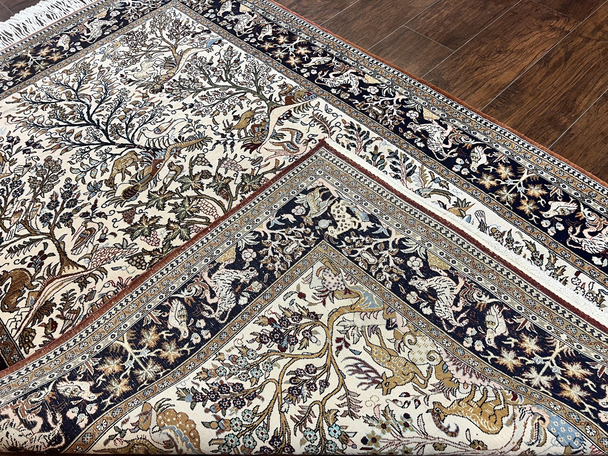 Persian Qum Tree of Life Rug 5x7, Wool and Silk Highlights, Animal Motifs, Vintage Hand Knotted Handmade Cream & Black Fine Oriental Carpet by Jewel Rugs