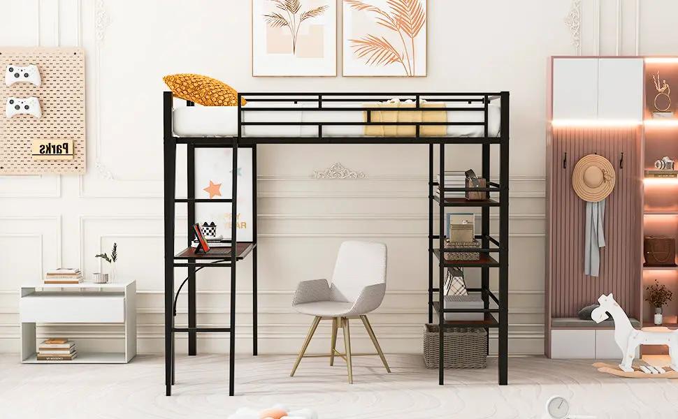 Loft Metal Bed With 3 Layers Of Shelves And Desk, Stylish Metal Frame Bed With board by HouseOfZazla