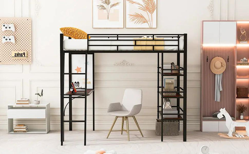 Loft Metal Bed With 3 Layers Of Shelves And Desk, Stylish Metal Frame Bed With board by HouseOfZazla