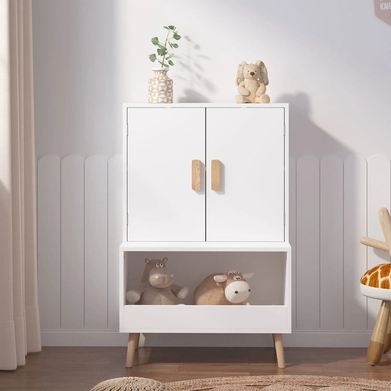 Toy Storage Cabinet With Doors And Open Shelf, Toddler Bookshelf For Playroom - White by Unique Piece Furniture