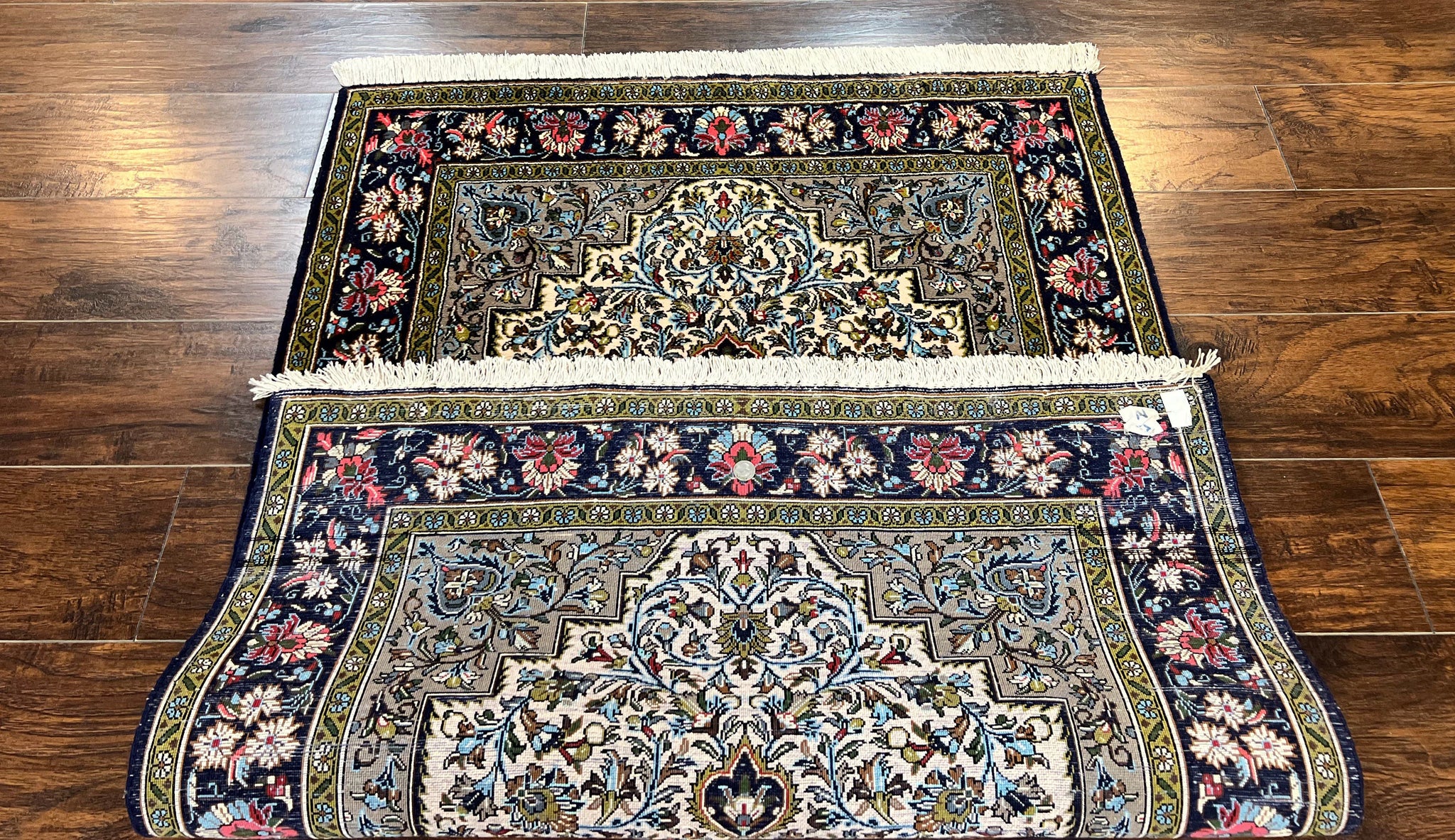 Persian Qum Rug 3x5, Wool with Silk Highlights, Handmade Semi Antique Carpet, Ivory & Navy Blue, Floral Medallion, Finely Hand Knotted by Jewel Rugs