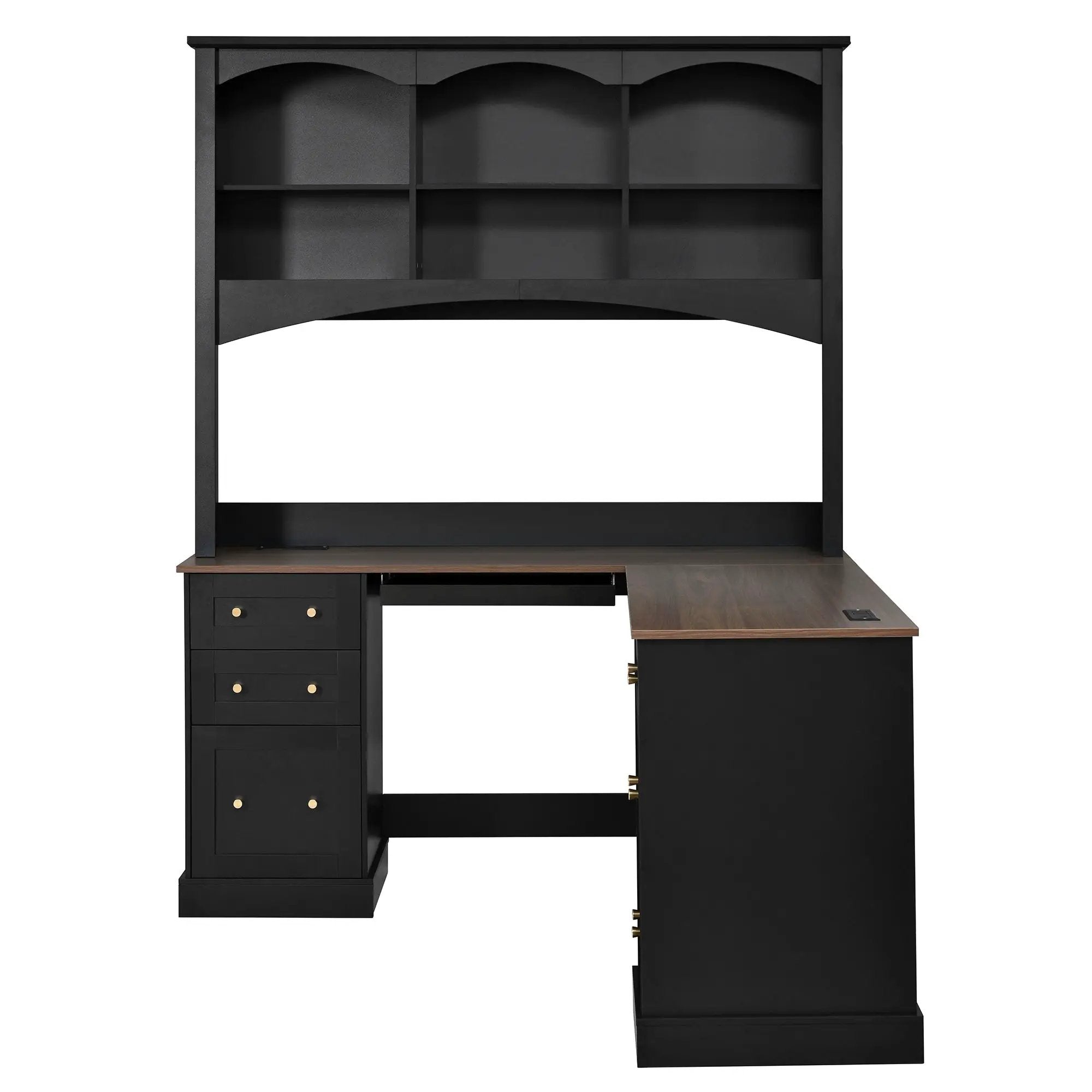 Space-Saving L-Shaped Computer Desk with Keyboard Tray & Charging Stations by HouseOfZazla