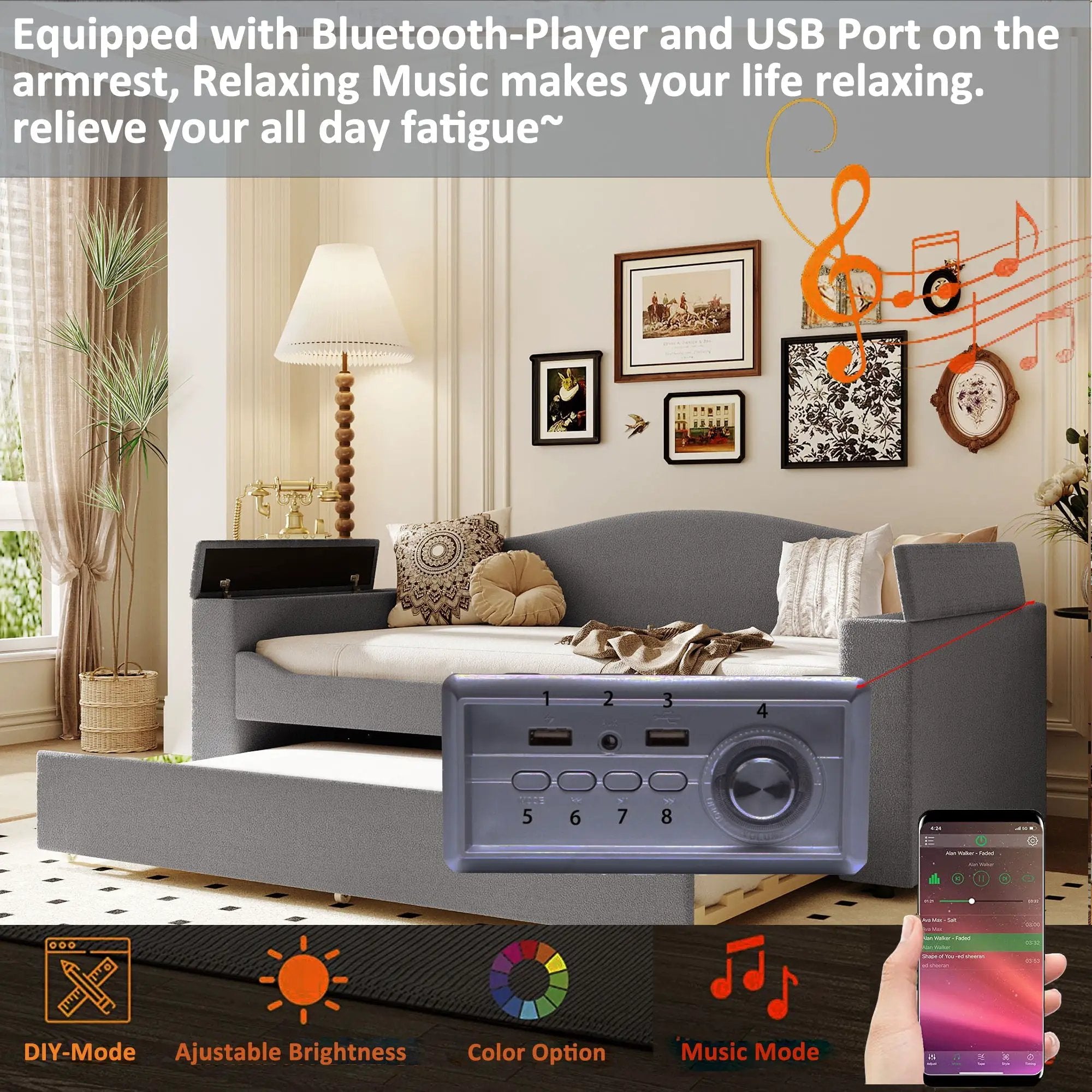 Upholstered Daybed With Storage Armrests, Trundle And Latest Integrated tooth Audio System by HouseOfZazla