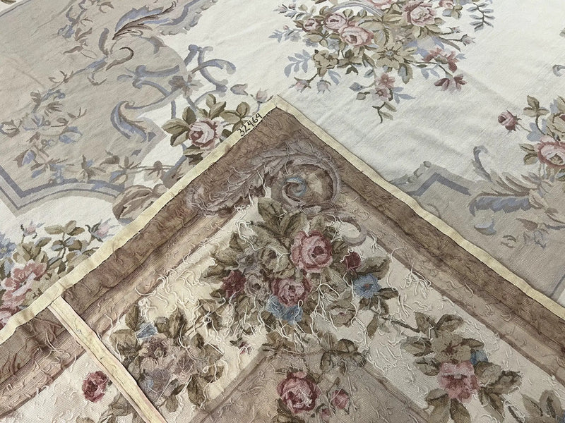 Aubusson Needlepoint Rug 9x12, VIntage Handmade Wool Beige Floral European Elegant Rug 9 x 12, Floral Roses by Jewel Rugs