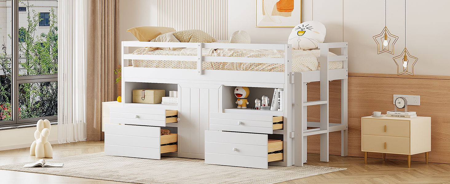 Loft Bed With 4 Drawers, Underneath Cabinet And Shelves