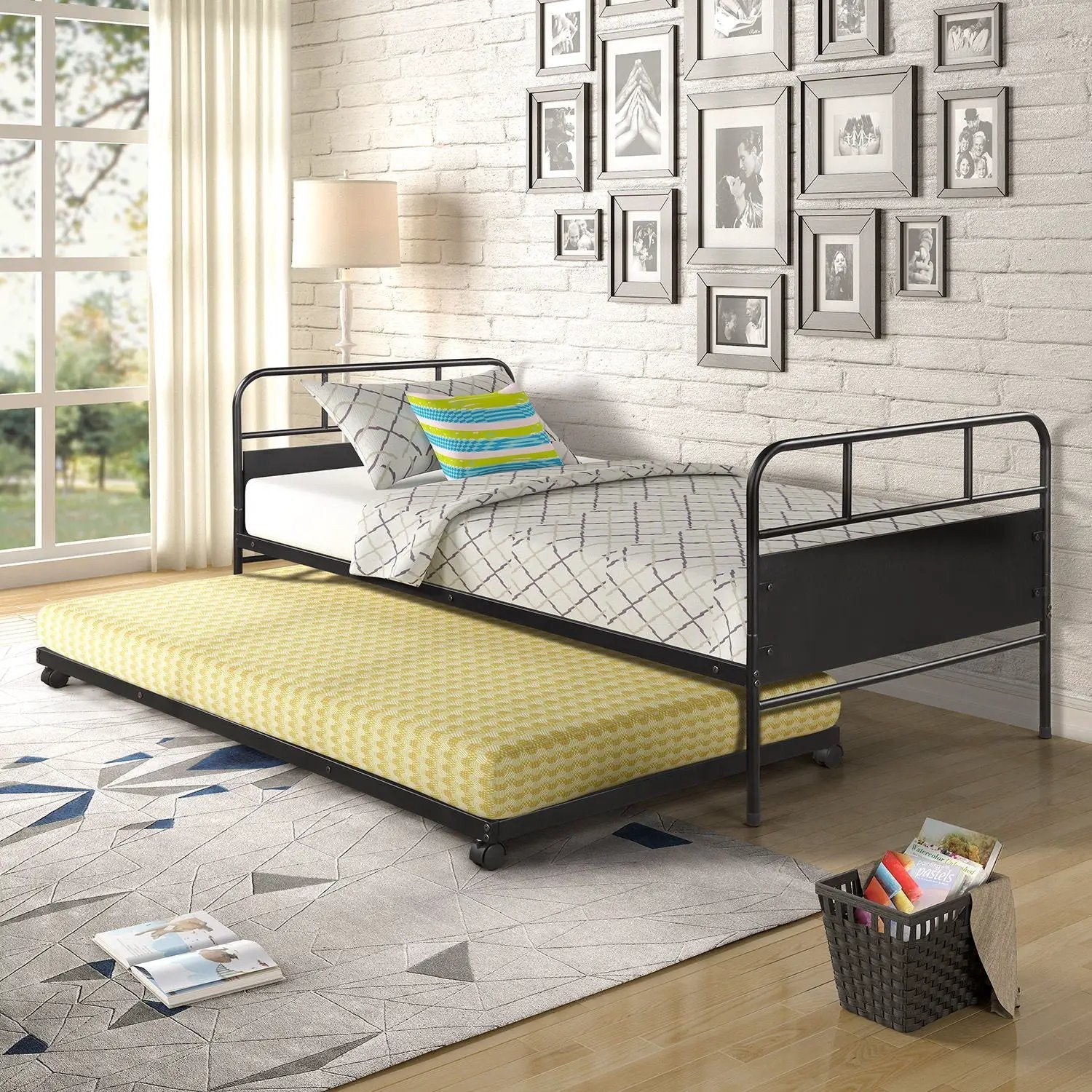 Twin Size Daybed Platform Bed Frame With Trundle Built In Casters - Black by Unique Piece Furniture