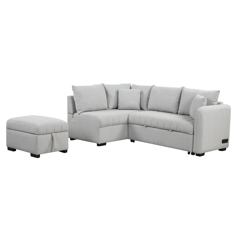 L-Shaped Sectional Pull Out Sofa Bed Sleeper Sofa With Two USB Ports, Two Power Sockets And A Movable Storage Ottoman by HouseOfZazla