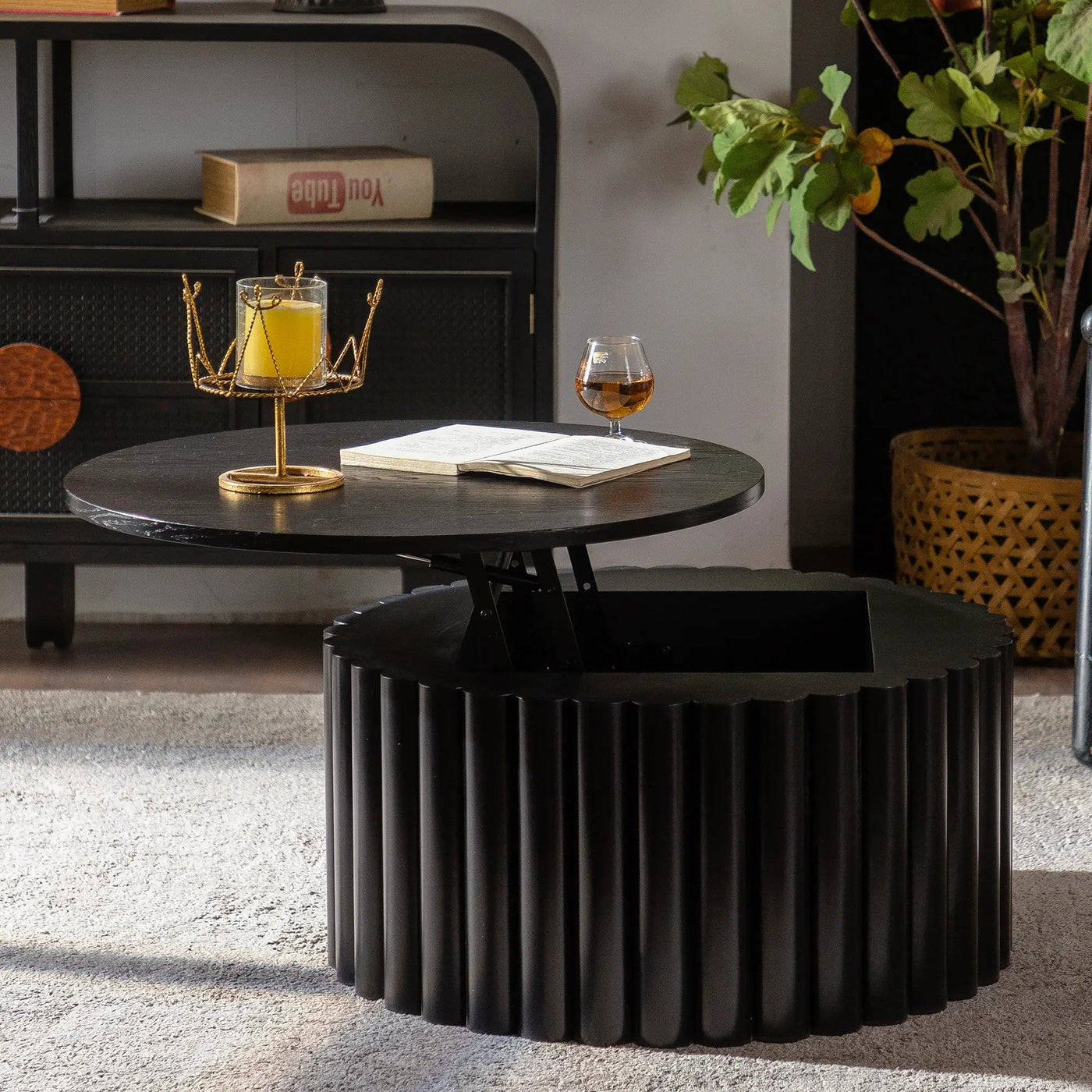 Round Coffee Table With Lift Handcrafted Relief by HouseOfZazla