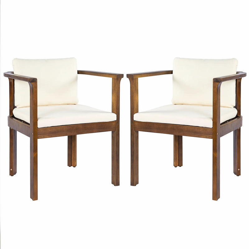 Outdoor Dining Chair Set of 2 with Curved Acacia Wood Arms, Brown Finish and Cream Cushions by HouseOfZazla