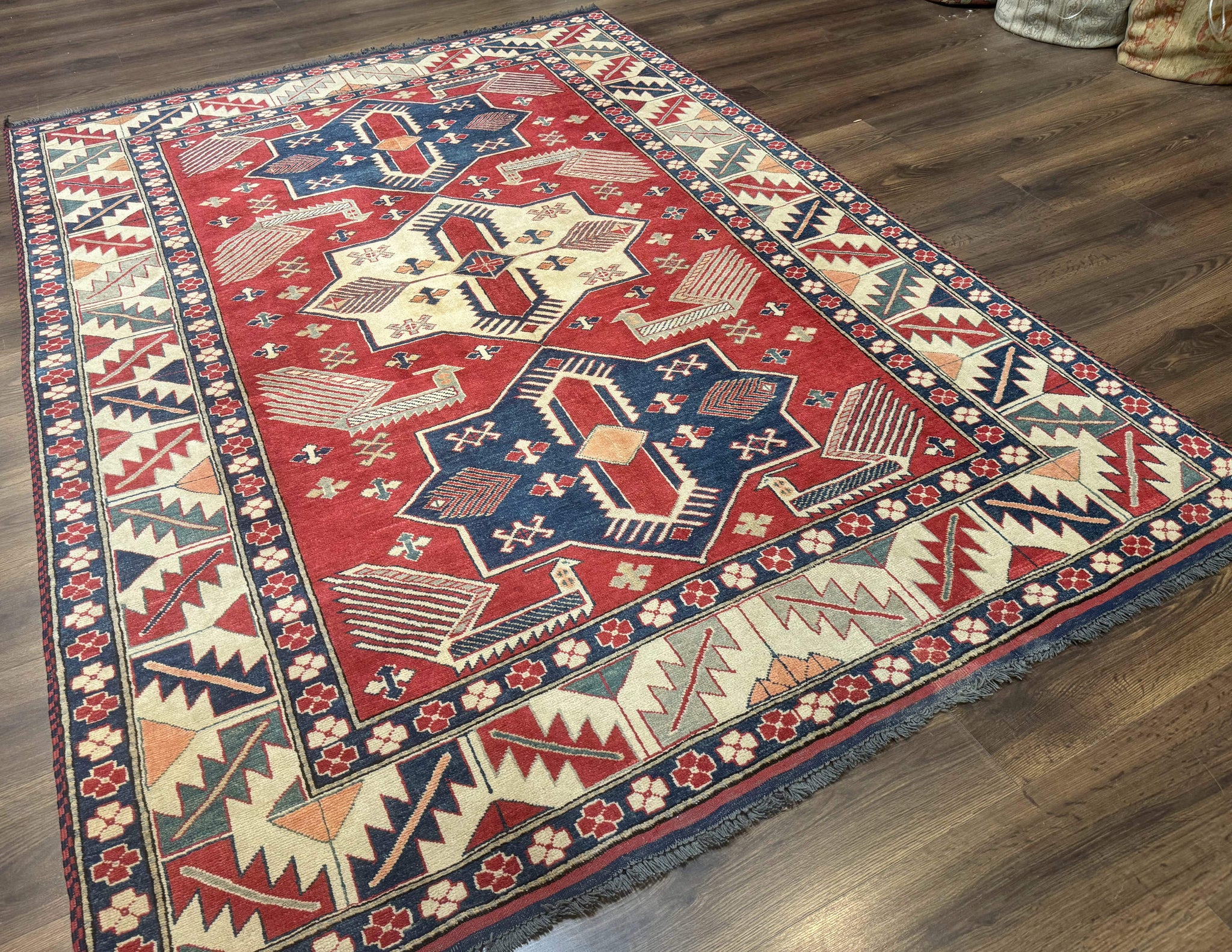 Turkish Kazak Rug 6x8, Caucasian Design, Geometric Medallions, Red Blue Beige by Jewel Rugs