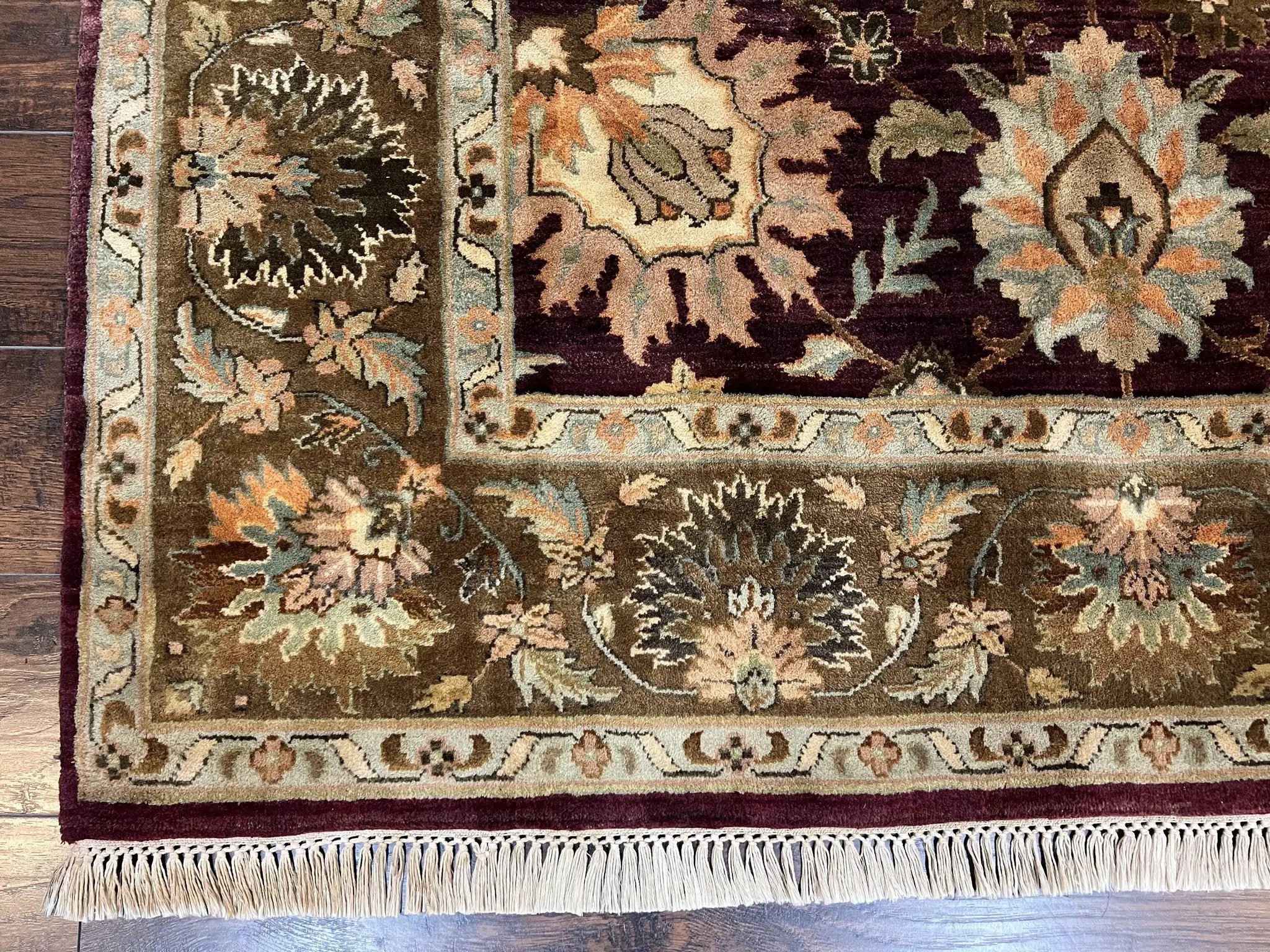 Indo Mahal Rug 6x9, Large Flowers Allover, Maroon and Green, Handmade Wool Area Rug, Vintage Rug, Indian Oriental Carpet, Hand Knotted Rug by Jewel Rugs