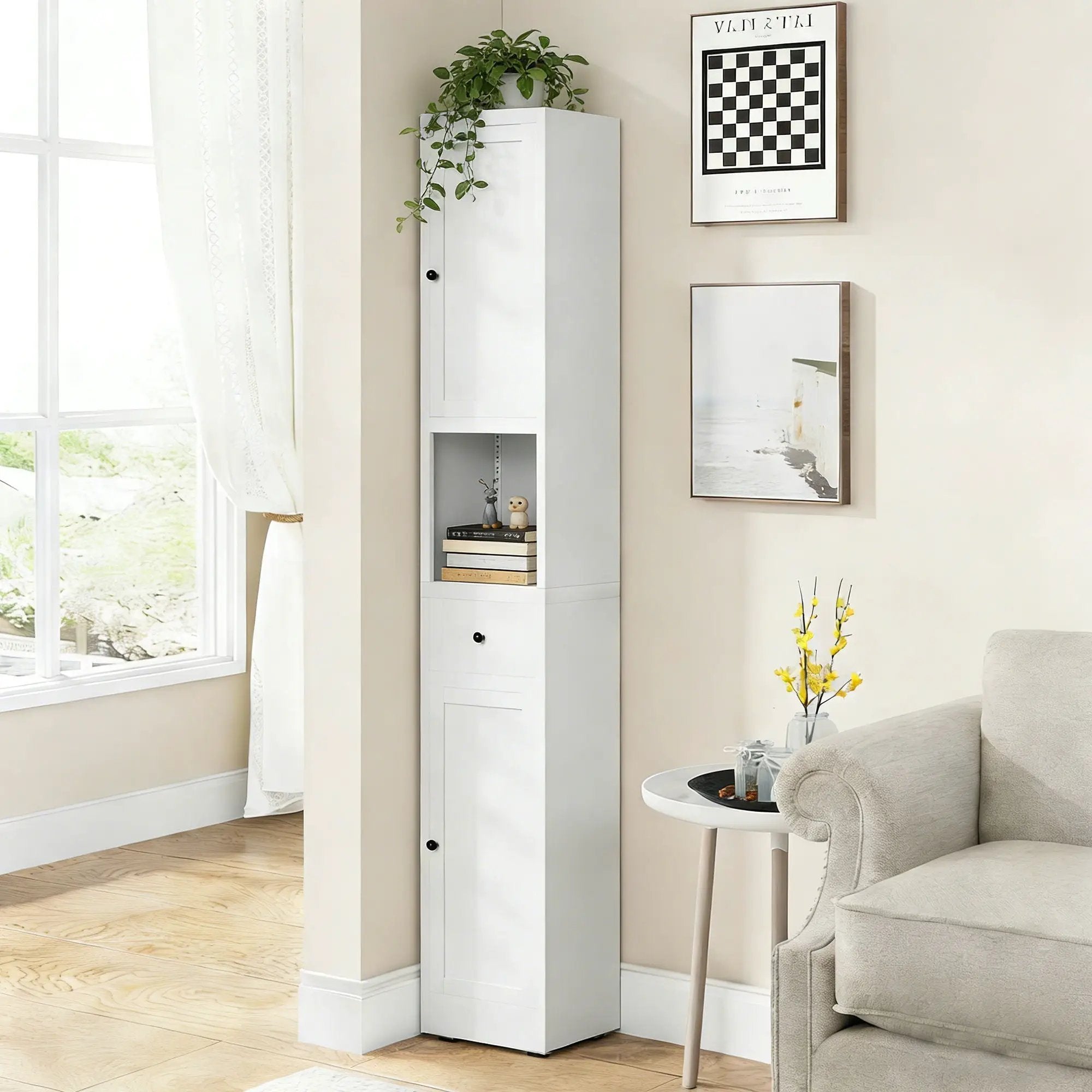 Tall Bathroom Storage Cabinet, 5-Tier Narrow With 2 Doors & Adjustable Shelves, Freestanding - White by HouseOfZazla