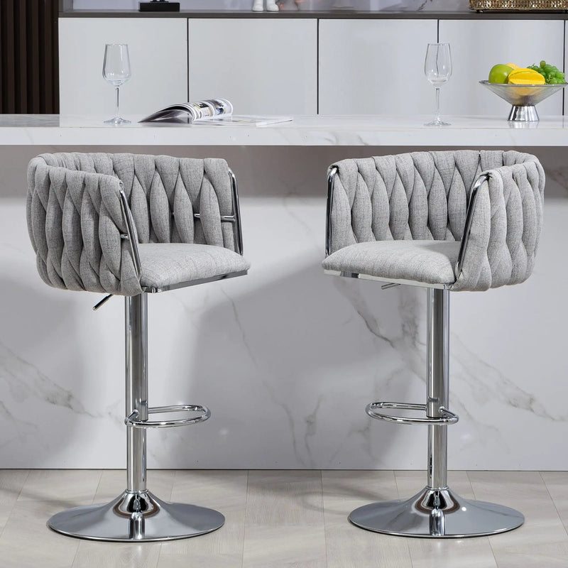 360 Degree Swivel Bar Stools Adjustable Counter Height Bar Chairs With Woven Back & Footrest, Silver Chromed Bar Stools For Kitchen Island (Set of 2) - Gray by HouseOfZazla