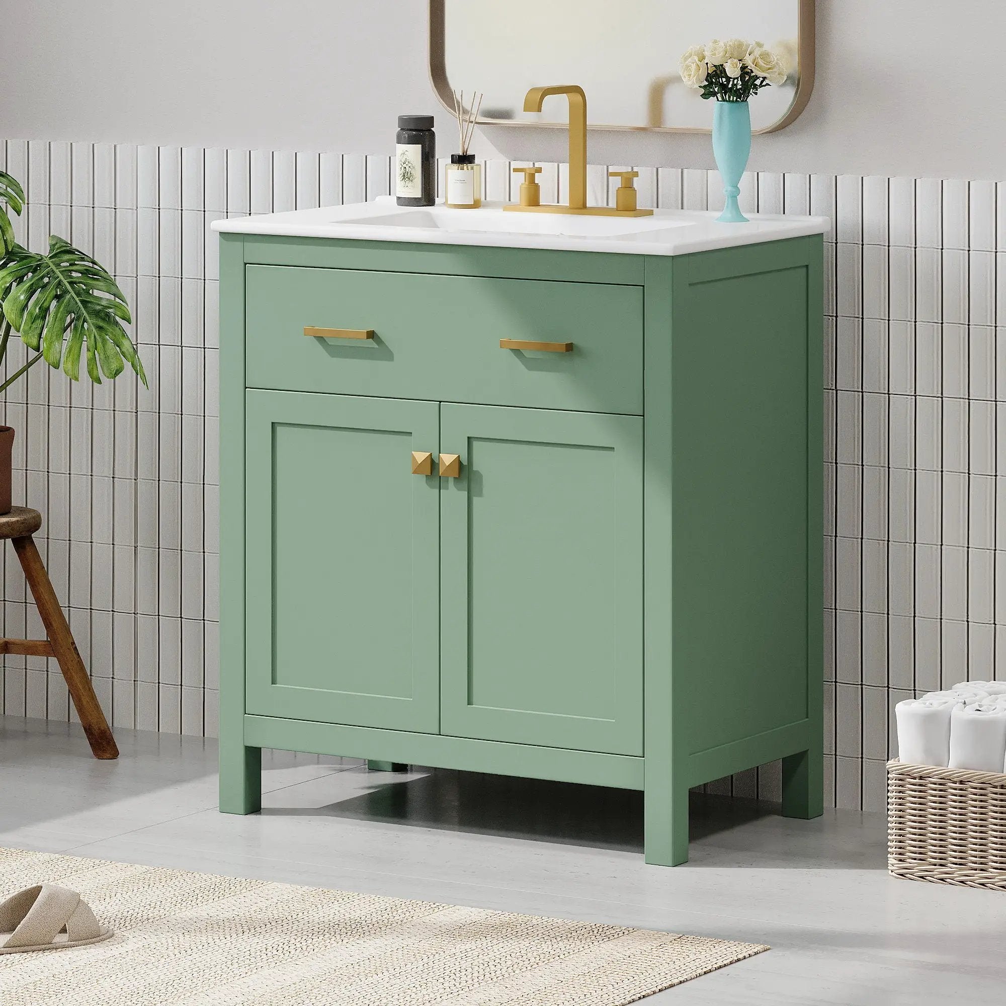 Bathroom Vanity With Ceramic Sink, Modern Single Bathroom Cabinet With 2 Doors And A Shelf, Soft Close Doors by HouseOfZazla