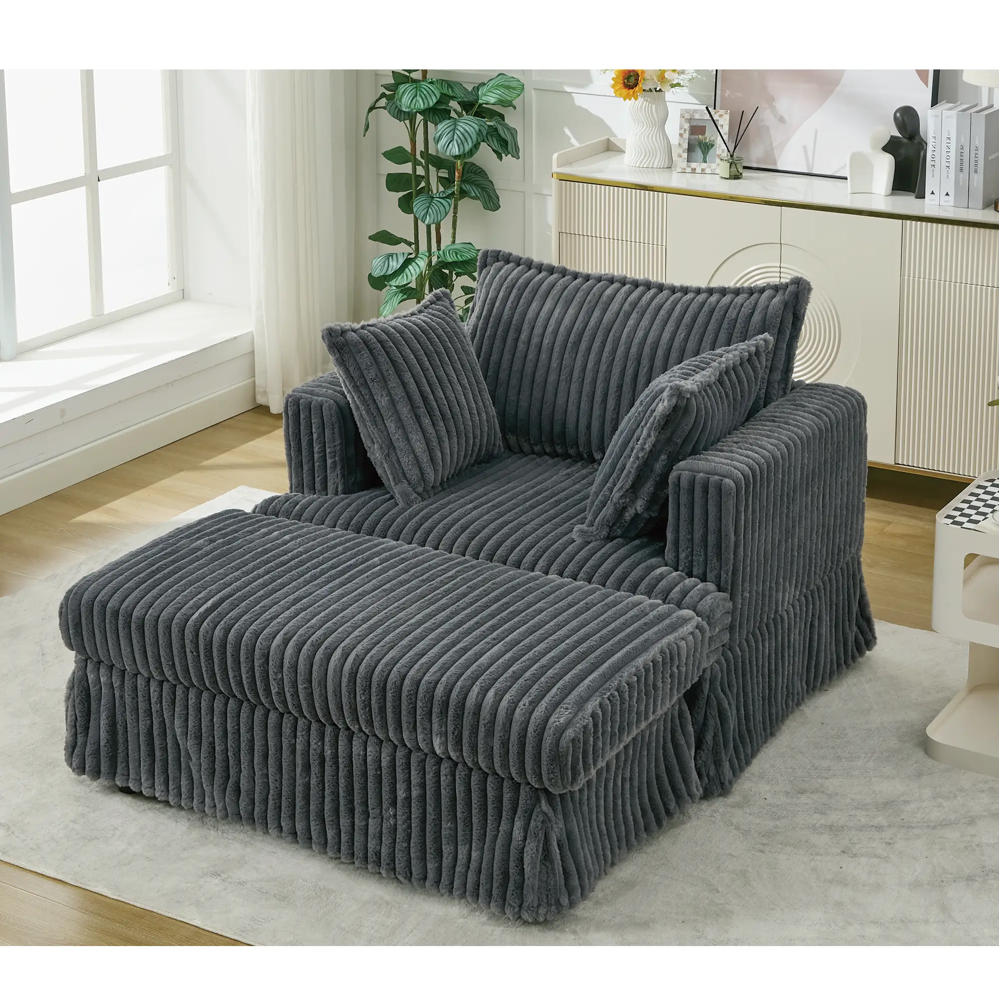 Oversized Corduroy Chaise Lounge with Ottoman in Dark Gray by HouseOfZazla