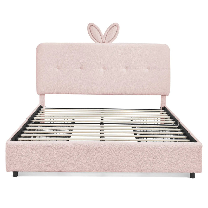 Queen Size Kids Upholstered Bed with Rabbit Ear Headboard & Storage by HouseOfZazla