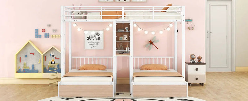 Triple Bunk Bed With Drawers, Multi-Functional Frame With Desks And Shelves In The Middle by HouseOfZazla