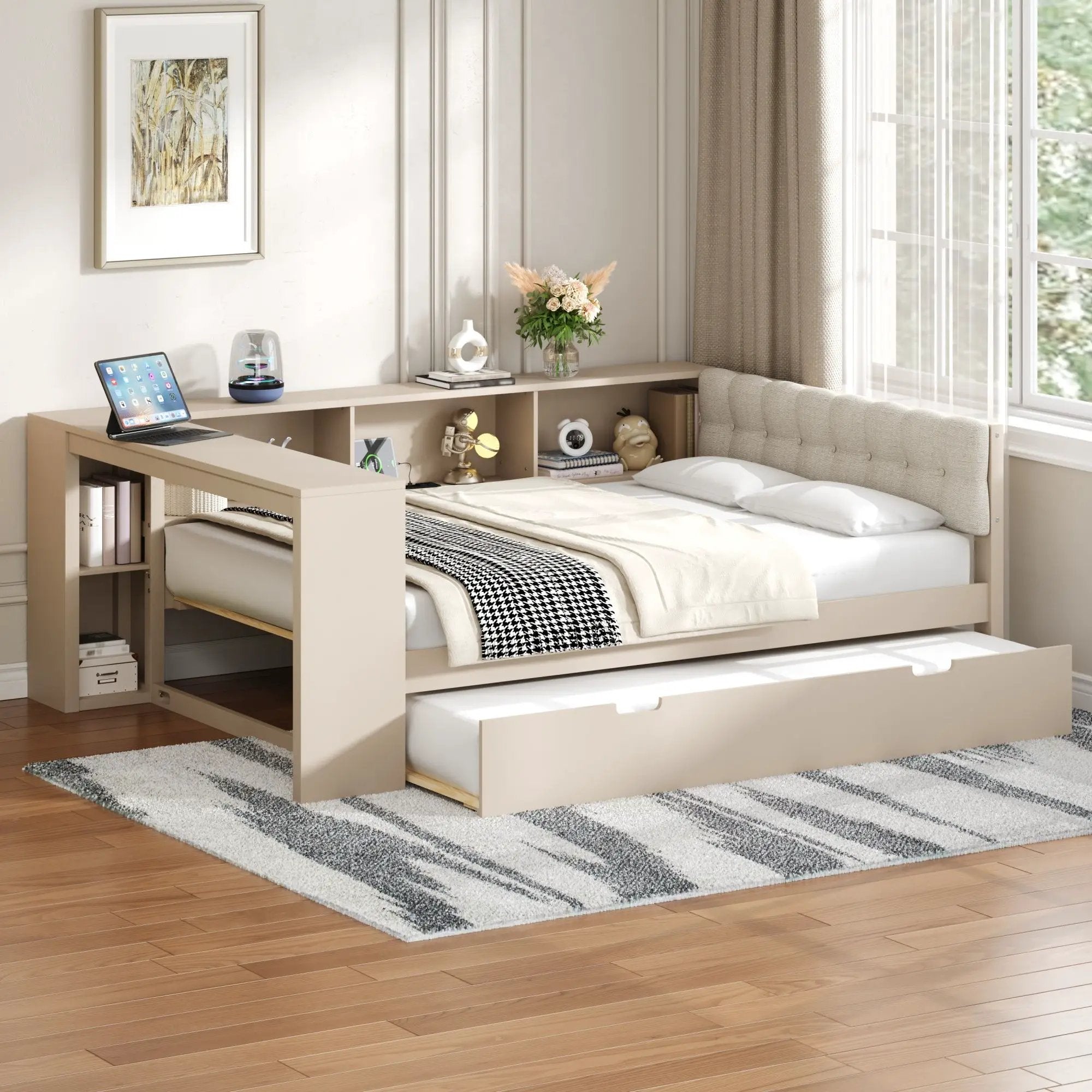 Upholstered Headboard Platform Bed with Storage Shelves, Trundle, and Charging Station by HouseOfZazla