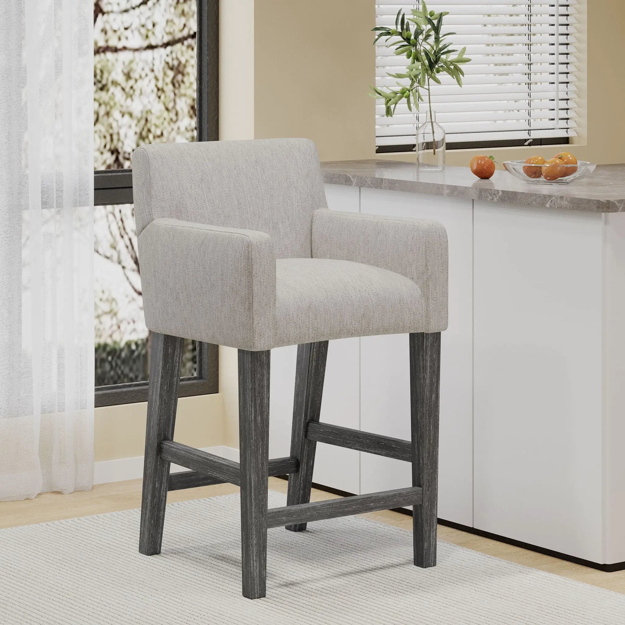 Charmed Upholstered Counter Stool with H-Frame Base and Round Arms by HouseOfZazla
