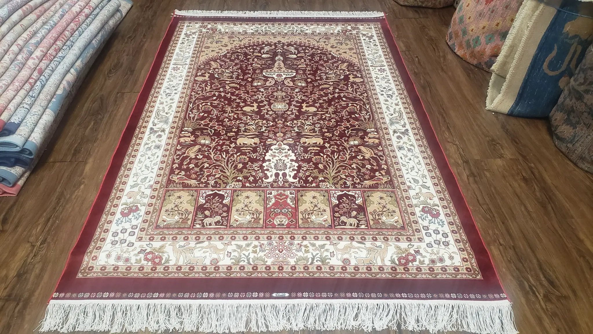 Silk Carpet 4x6 Dark Red & Cream, Tree of Life Rug, Animal Motifs, Birds Deer Rabbits, All Bamboo Silk, 4 x 6 Silk Area Rug by Jewel Rugs
