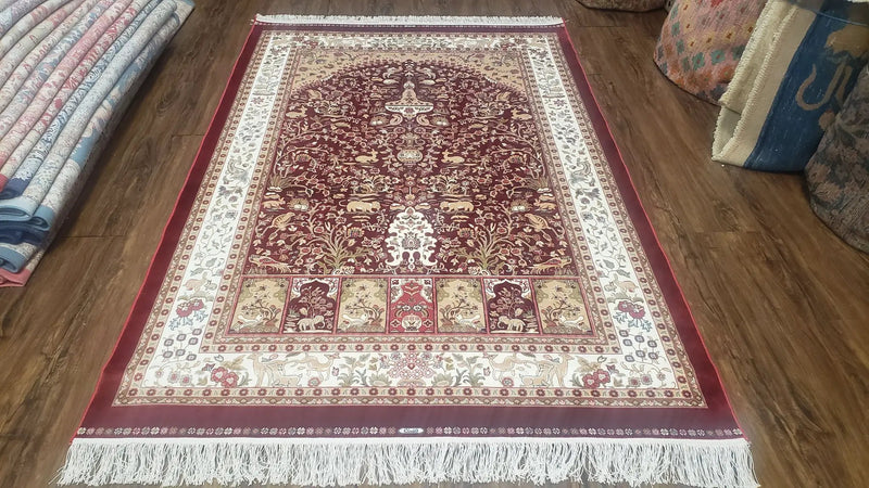 Silk Carpet 4x6 Dark Red & Cream, Tree of Life Rug, Animal Motifs, Birds Deer Rabbits, All Bamboo Silk, 4 x 6 Silk Area Rug by Jewel Rugs