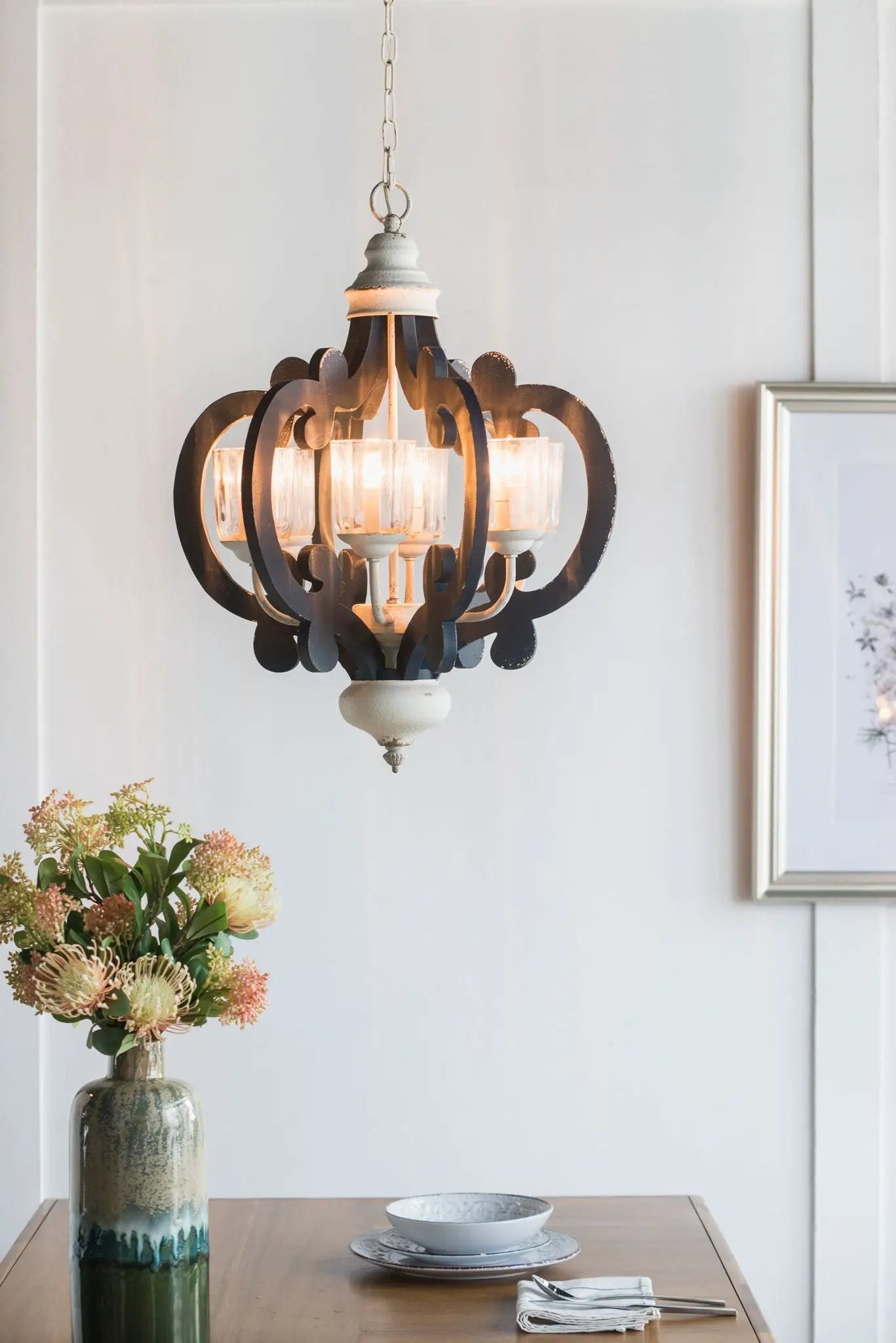 Wood Chandelier 6 Light Farmhouse Pendant Lighting Wood Hanging Light Fixture For Kitchen Living Dining Room, Bulb Not Included - Cream by HouseOfZazla