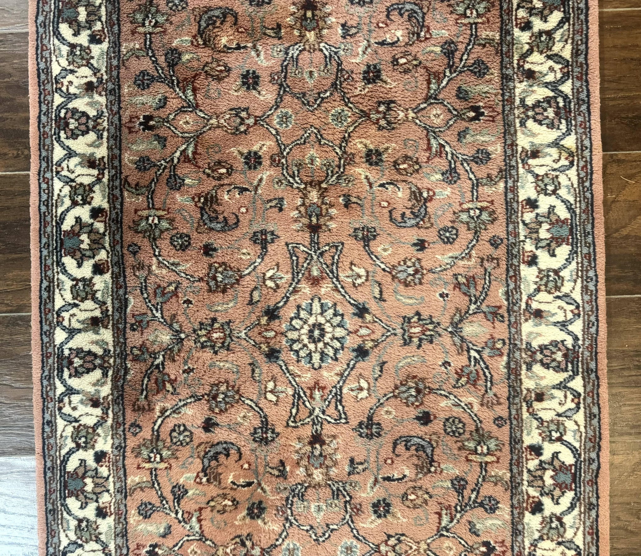 Indo Persian Runner Rug 2.6 x 10, Coral and Cream, Hand Knotted 10ft Wool Oriental Runner for Hallway or Kitchen by Jewel Rugs