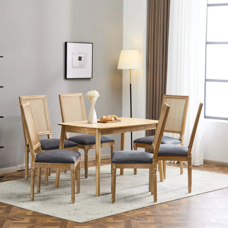 French Country Dining Chair With Rectangular Cane Backrest And Smooth Upholstered Seating by HouseOfZazla