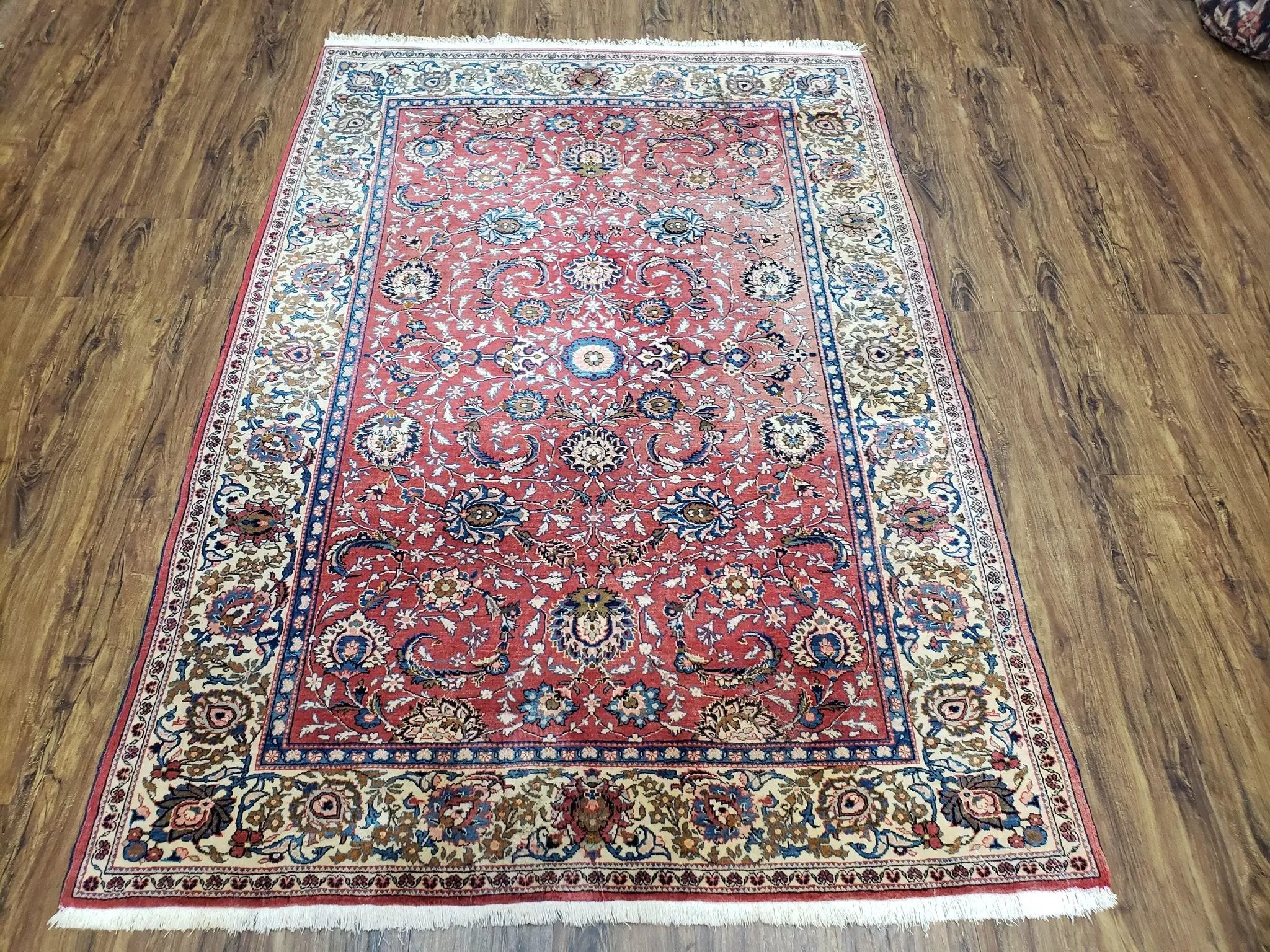 Semi Antique Persian Kashan Rug, Red & Beige, Hand-Knotted, Wool, 4'7" x 6' 6", Pair B by Jewel Rugs