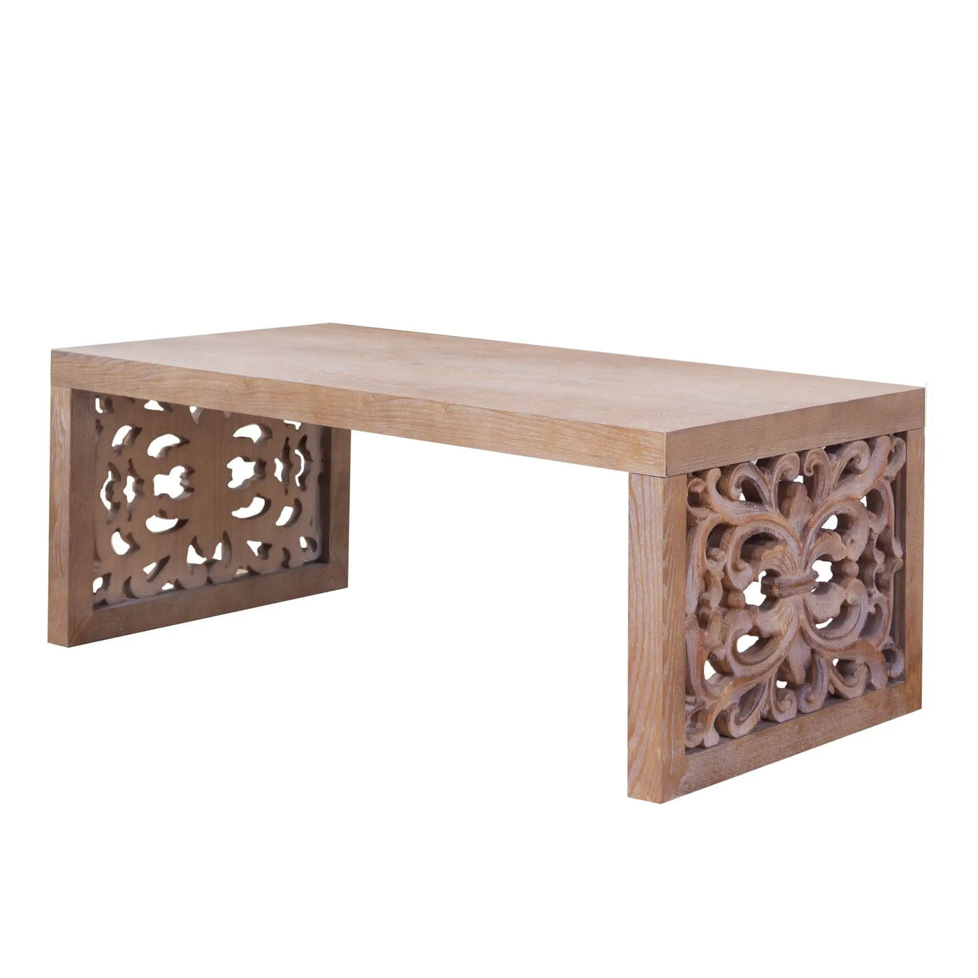Rustic Carved Wood Coffee Table, Handcrafted Look With Ornate Side Panels by Unique Piece Furniture