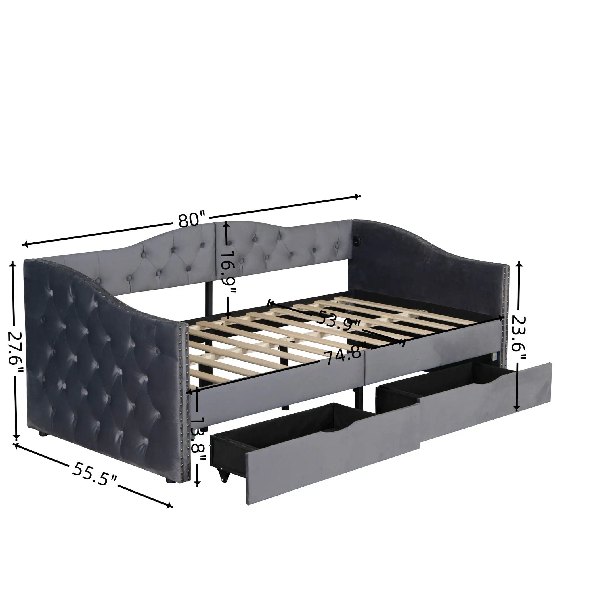 Full Size Bed Frame, Upholstered Cloud Bed Frame With Headboard, 2 Storage Drawers And 2 USB Charging Design, No Box Spring Needed - Gray by Unique Piece Furniture