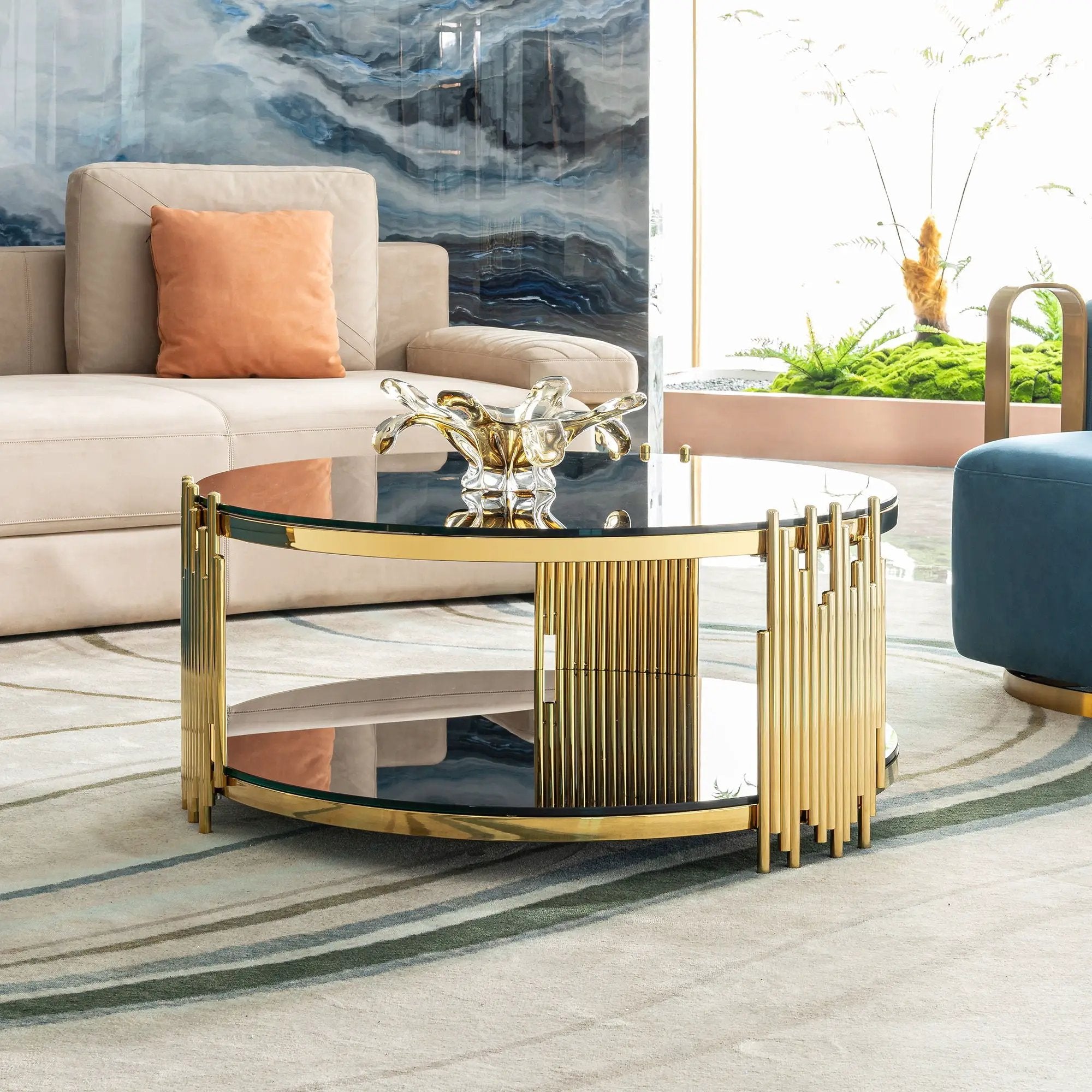 Elegant Round Table With Double Layer Tempered Glass Top And Stainless Steel Frame For Living Room by Unique Piece Furniture