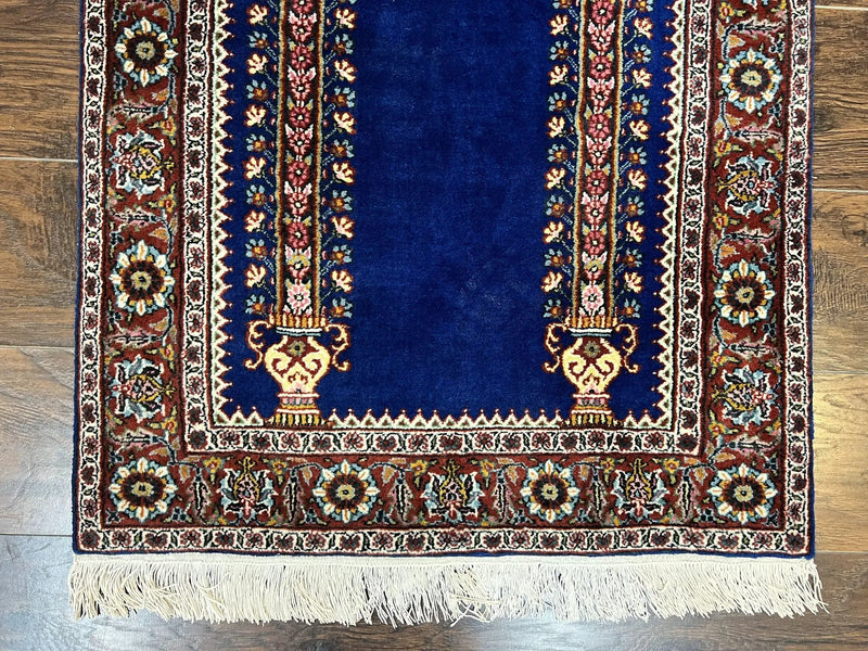 Indo Persian Prayer Rug 3x5, Fine Oriental Carpet, Dark Blue and Red, Vintage Hand Knotted Handmade Prayer Rug by Jewel Rugs