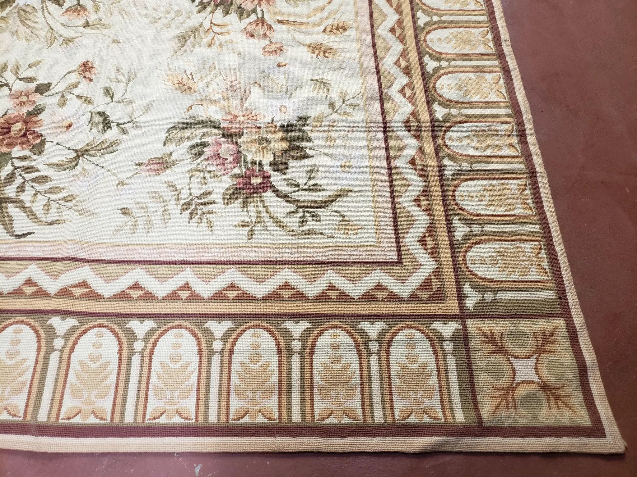 Needlepoint Rug 8x10 Aubusson Rug Victorian Floral Rug Handmade French Style French Decor Garden Panel Beige 8 x 10 Area Rug 100% Wool by Jewel Rugs