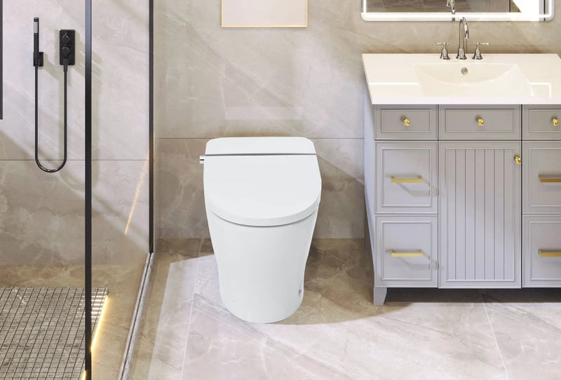 Heated Seat Smart Toilet Without Bidet, Upmarket Compact Dual Flush Toilet 1 / 1.28 Gpf, Tank Less Toilet With Adjustable Temp Heated Seat, Foot Sensor Flush - White Night Light, Knob Control, Power Out by HouseOfZazla
