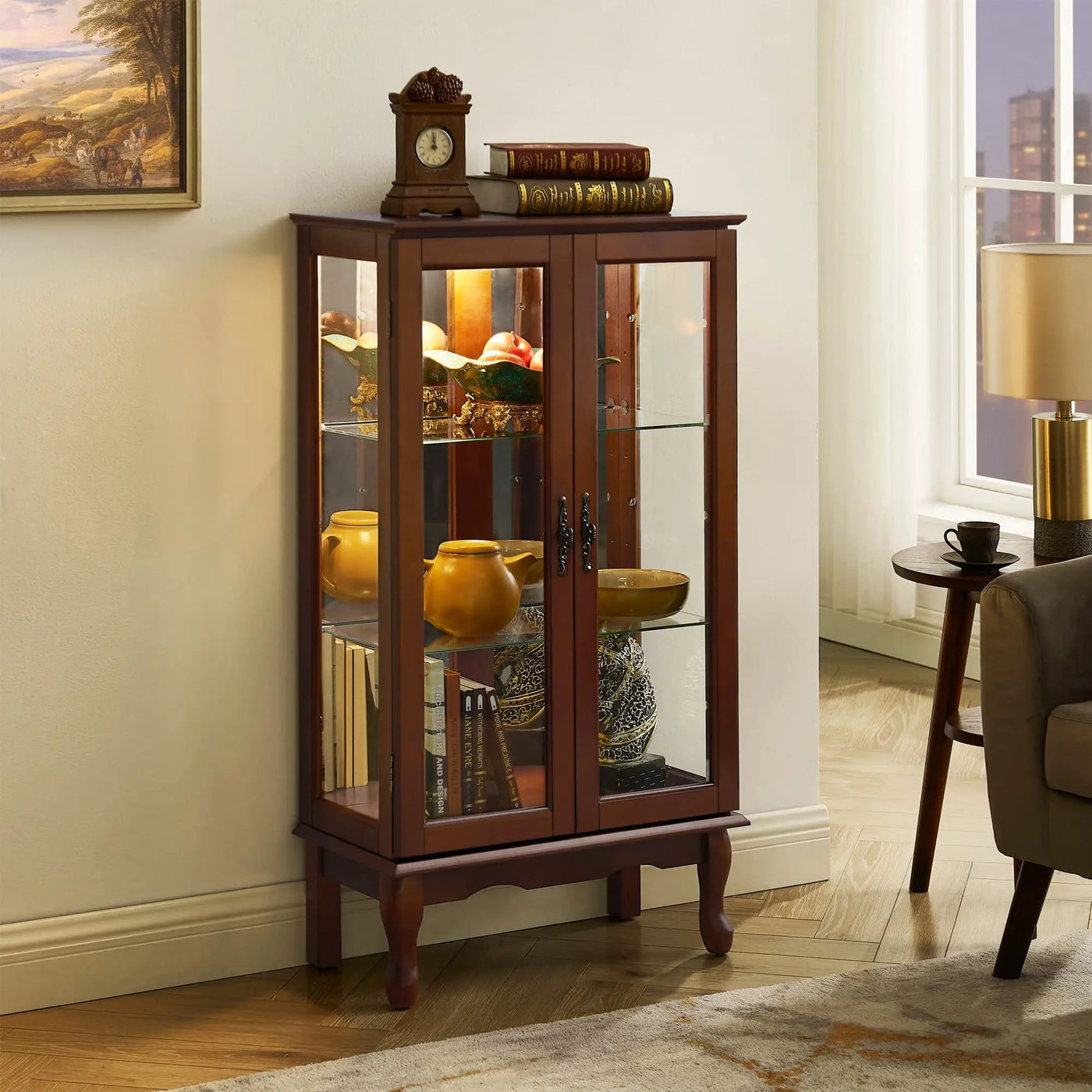 Curio Cabinet Lighted Curio Diapaly Cabinet With Adjustable Shelves And Mirrored Back Panel, Tempered Glass Doors (3 Tier), (E26 Light Bulb Not Included) by HouseOfZazla