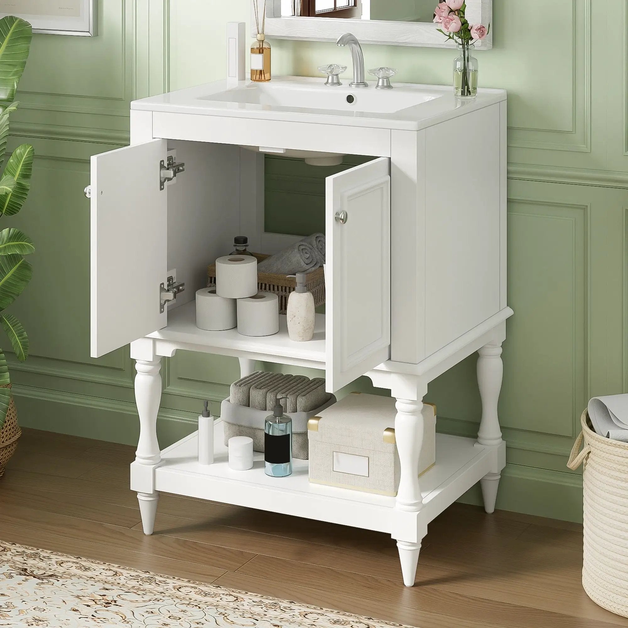 Modern Bathroom Vanity With Sink, Rectangular Cabinet With Open Shelf And Closed Storage