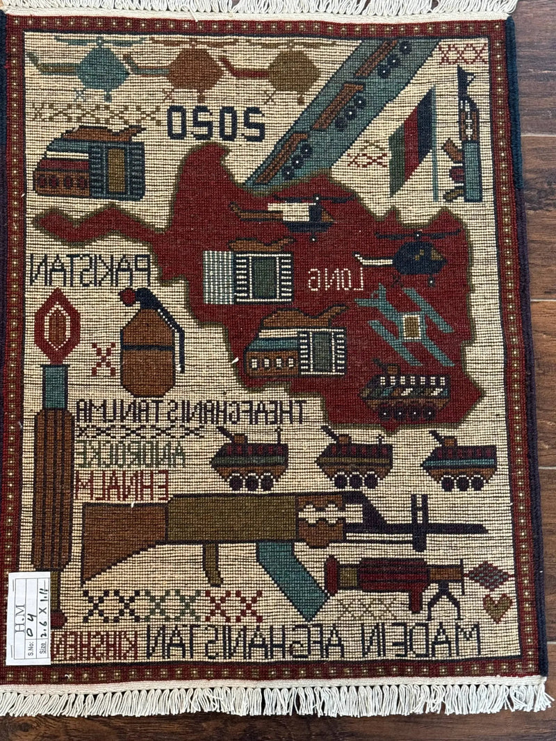 Afghan War Rug 2 x 2.6, Guns Tanks Helicopters by Jewel Rugs