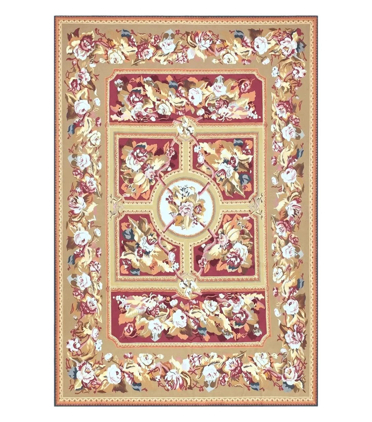 Vintage Chinese Aubusson Savonnerie Flat Pile Rug 9.9 x 14.5 Wool Handwoven Red & Khaki Large Flowers Rug 9x14 - 10x15 Michaelian Kolhberg by Jewel Rugs