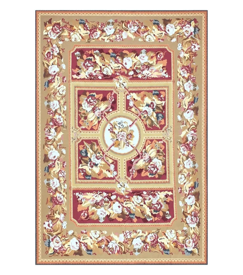 Vintage Chinese Aubusson Savonnerie Flat Pile Rug 9.9 x 14.5 Wool Handwoven Red & Khaki Large Flowers Rug 9x14 - 10x15 Michaelian Kolhberg by Jewel Rugs
