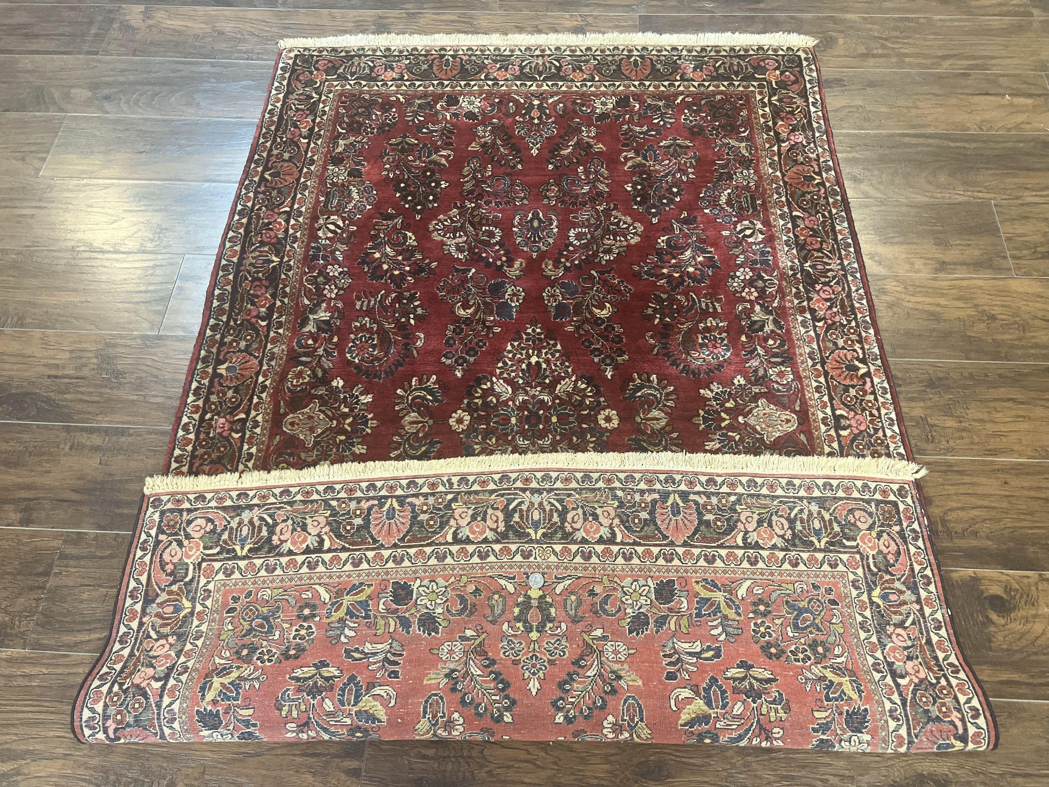 Antique Persian Sarouk Rug 4x7, Hand Knotted Wool Red Persian Carpet, Floral by Jewel Rugs