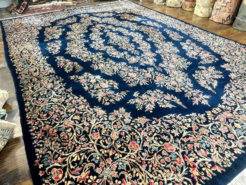 Antique Persian Kerman Rug 10x13, Navy Blue Floral Carpet, Fine 270 KPSI by Jewel Rugs