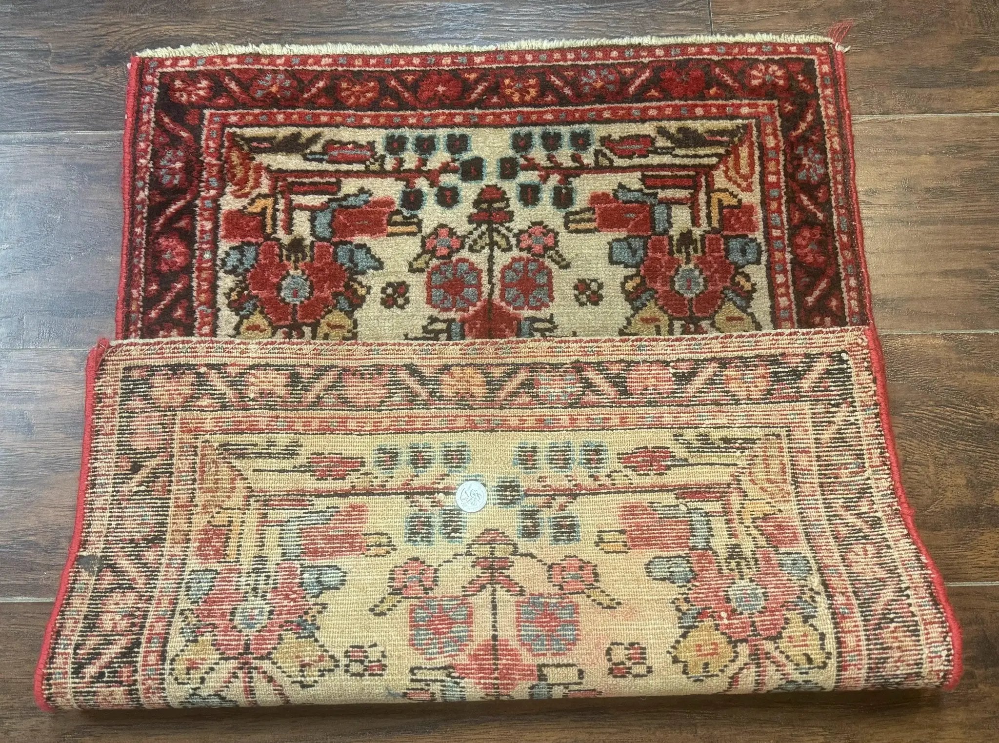 Small Antique Persian Rug 2x3, Beige and Red, Floral, Wool, Hamadan Rug by Jewel Rugs
