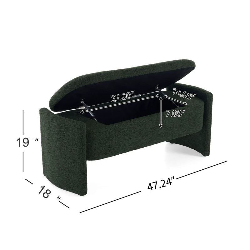 Elegant Long Shaped Storage Ottoman Bench, Boucle Material, Dark Green by HouseOfZazla