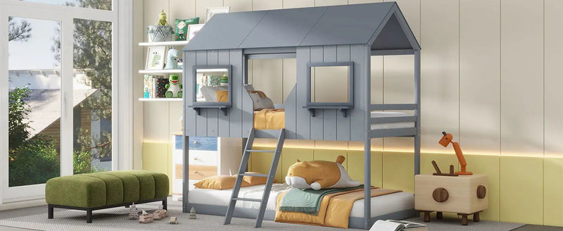 Twin Over Twin Bunk Bed With Roof, Window, Guardrail, Ladder by HouseOfZazla