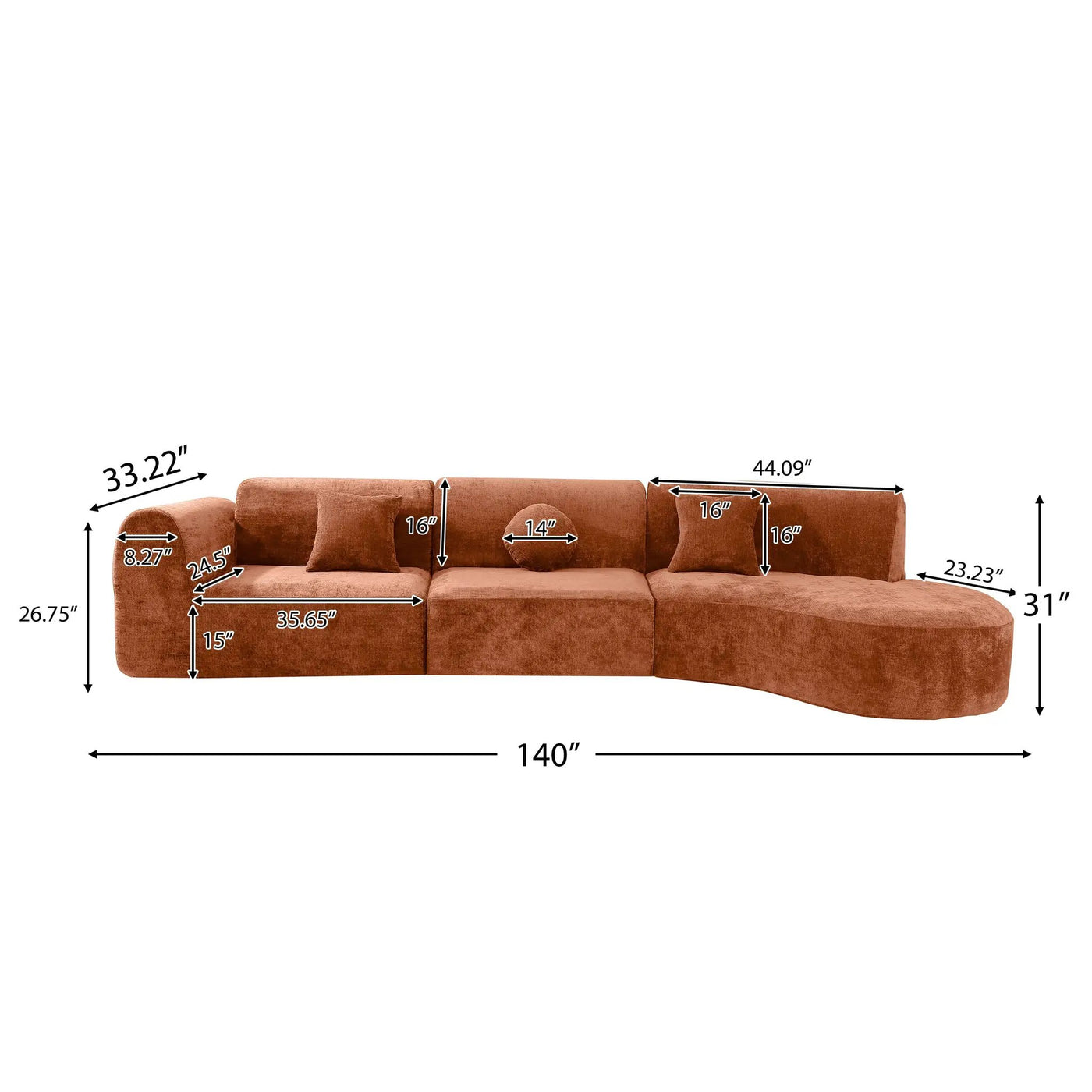 140" Modern Curved Sectional Sofa with Chaise Lounge by HouseOfZazla