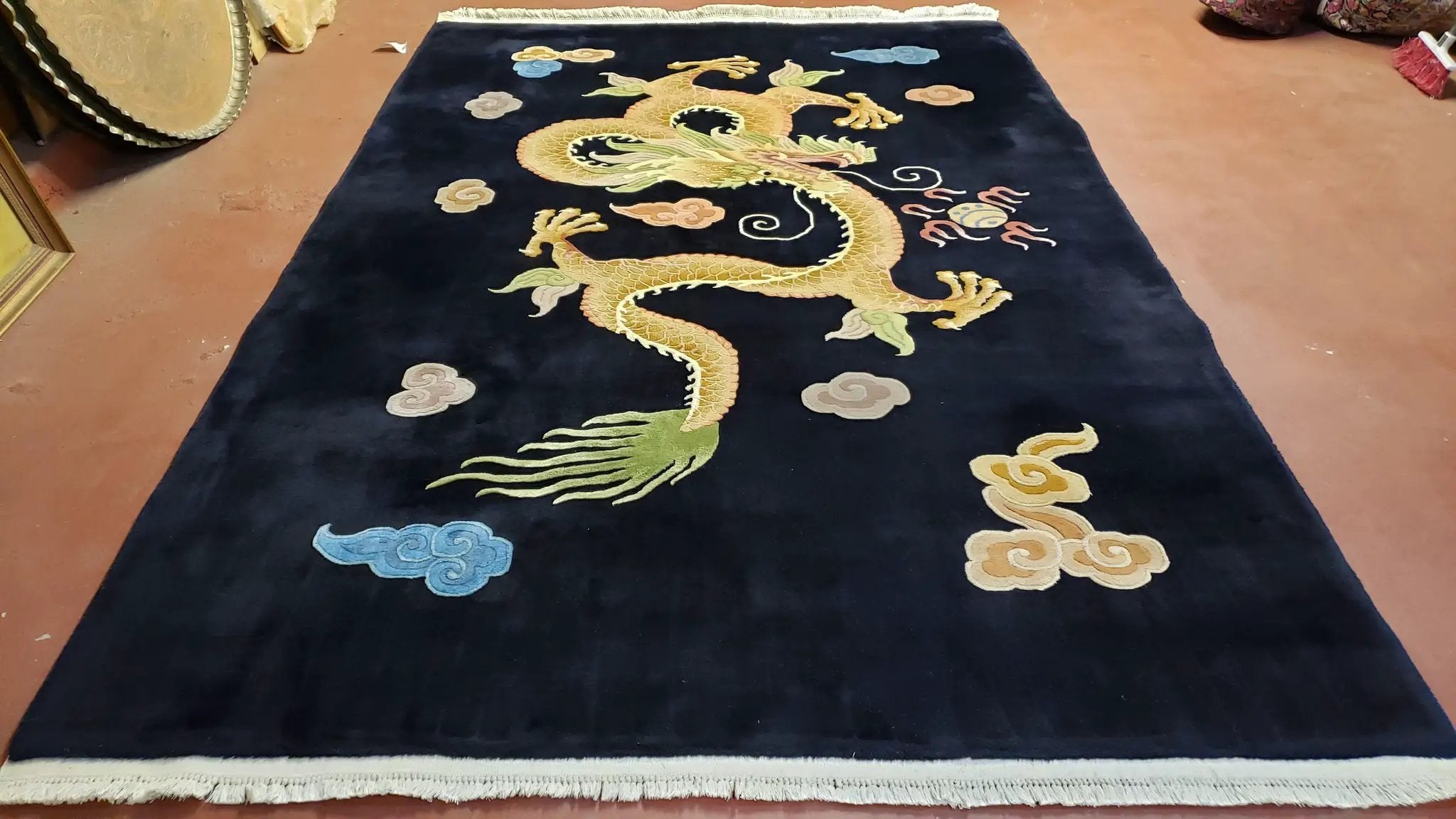 Rare Antique Chinese Art Deco Rug 6x9 with Dragon, Black Chinese Carpet 6 x 9, Hand Knotted Wool Area Rug by Jewel Rugs