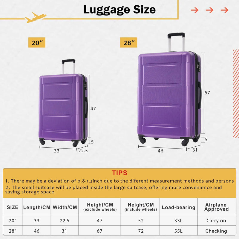 2 Piece Luggage Set With Bags Expanable Spinner Wheels ABS Lightweight Suitcase With Tsa Lock 20" / 28" by HouseOfZazla