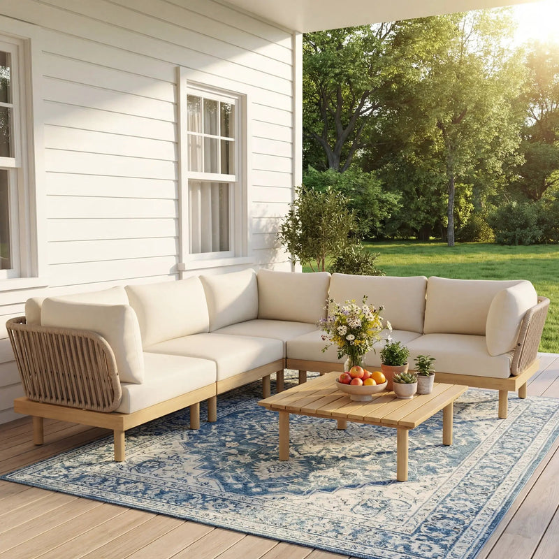 6-Piece Acacia Wood L-Shaped Modular Outdoor Sofa Set with Rope Back & Weather-Resistant Cushions by HouseOfZazla